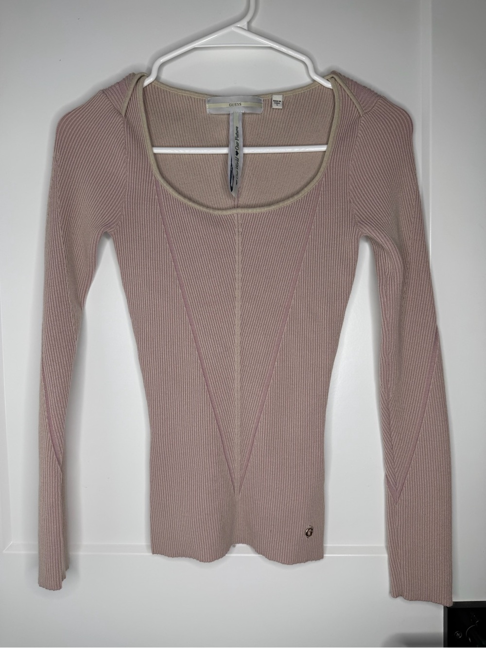 Guess Ribbed Long Sleeve Scoop Neck Top - Light Pink